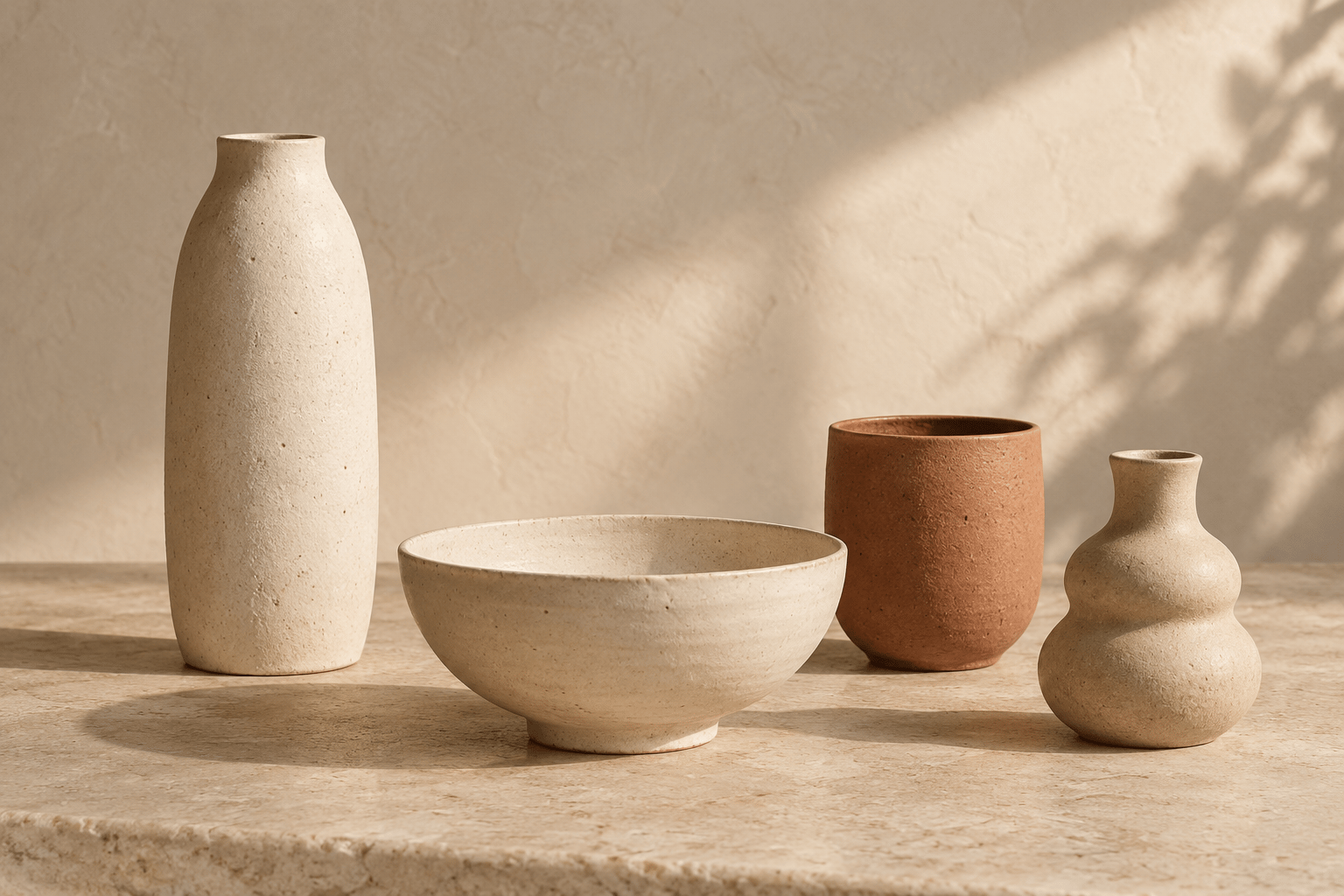 Illustrative ceramic homeware collection in natural light